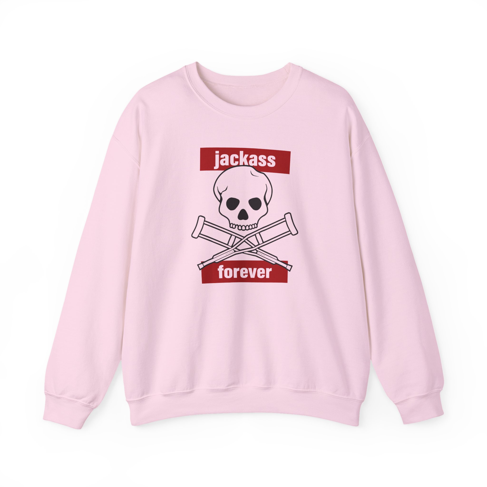 Jackass Forever Red Skull and Crutches Warning Logo Raglan Unisex Heavy Blendâ„¢ Crewneck Sweatshirt