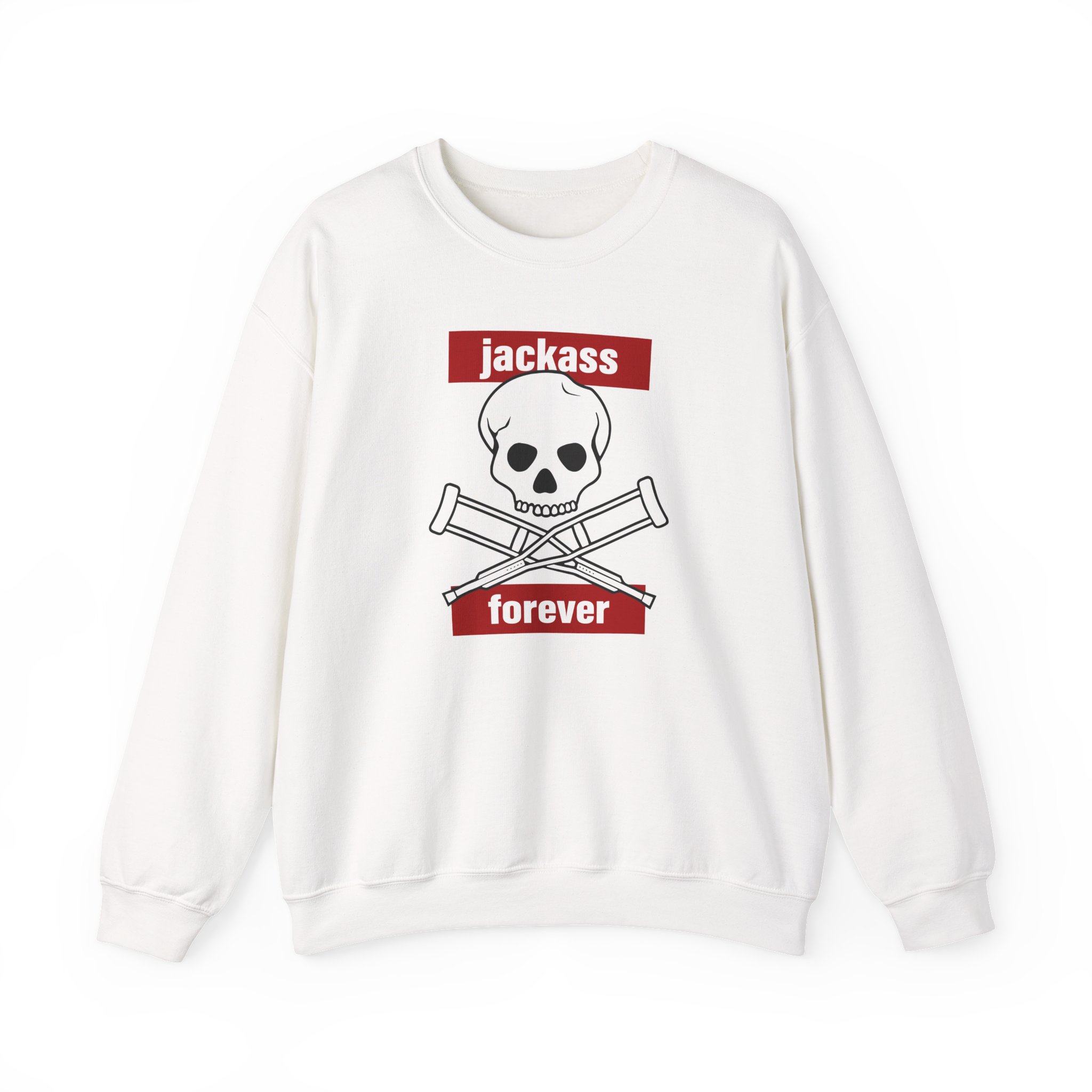 Jackass Forever Red Skull and Crutches Warning Logo Raglan Unisex Heavy Blendâ„¢ Crewneck Sweatshirt