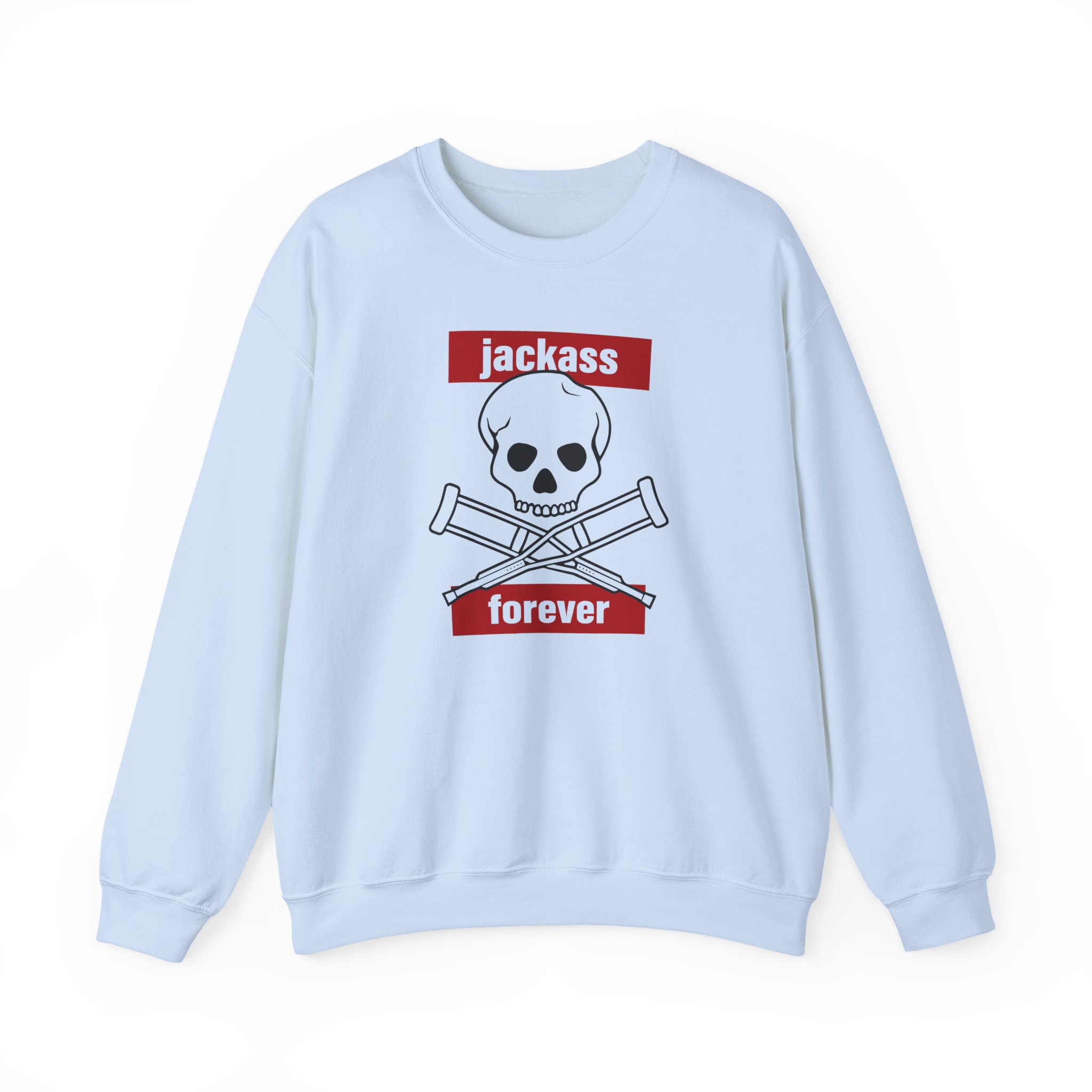 Jackass Forever Red Skull and Crutches Warning Logo Raglan Unisex Heavy Blendâ„¢ Crewneck Sweatshirt