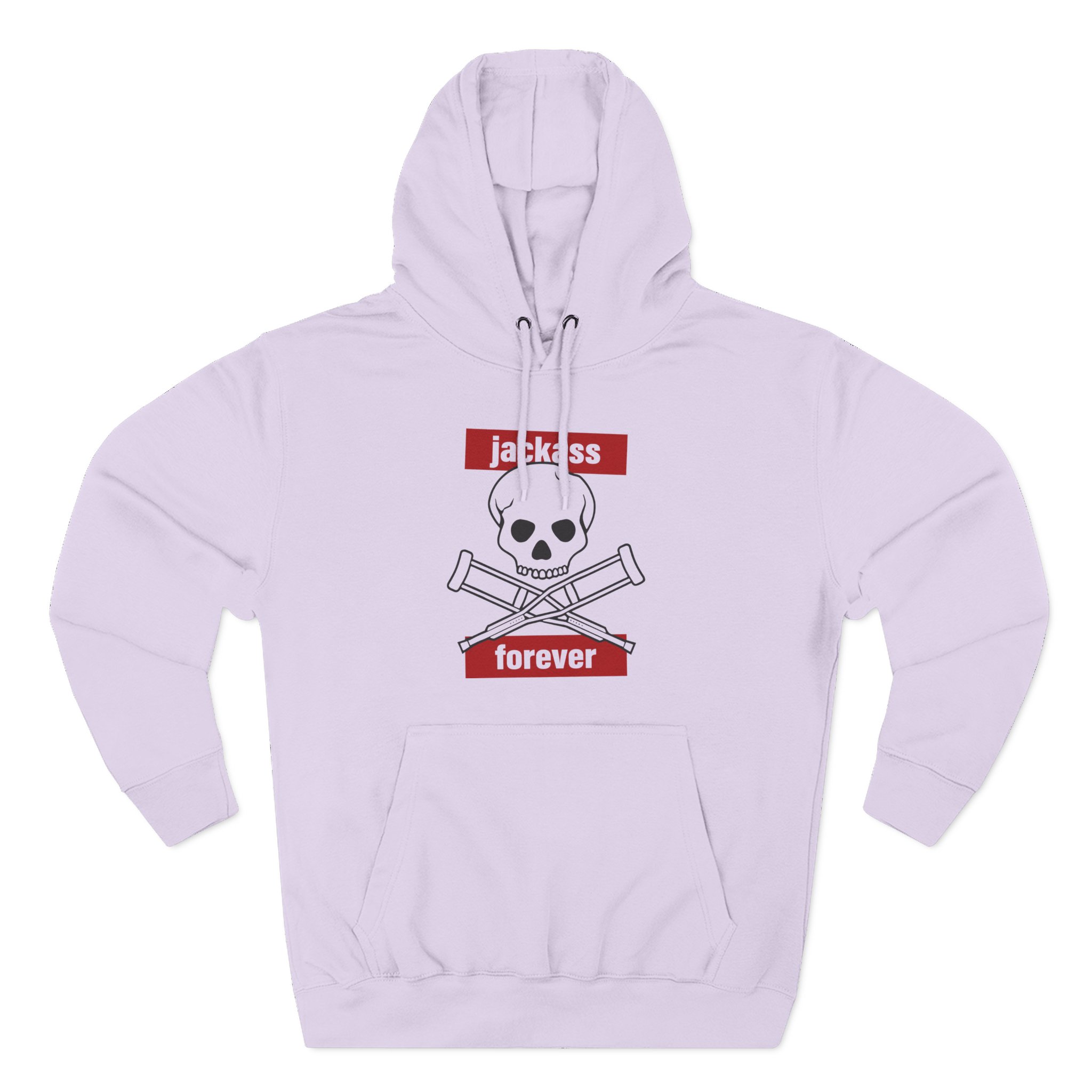 Jackass Forever Red Skull and Crutches Warning Logo Raglan Three-Panel Fleece Hoodie