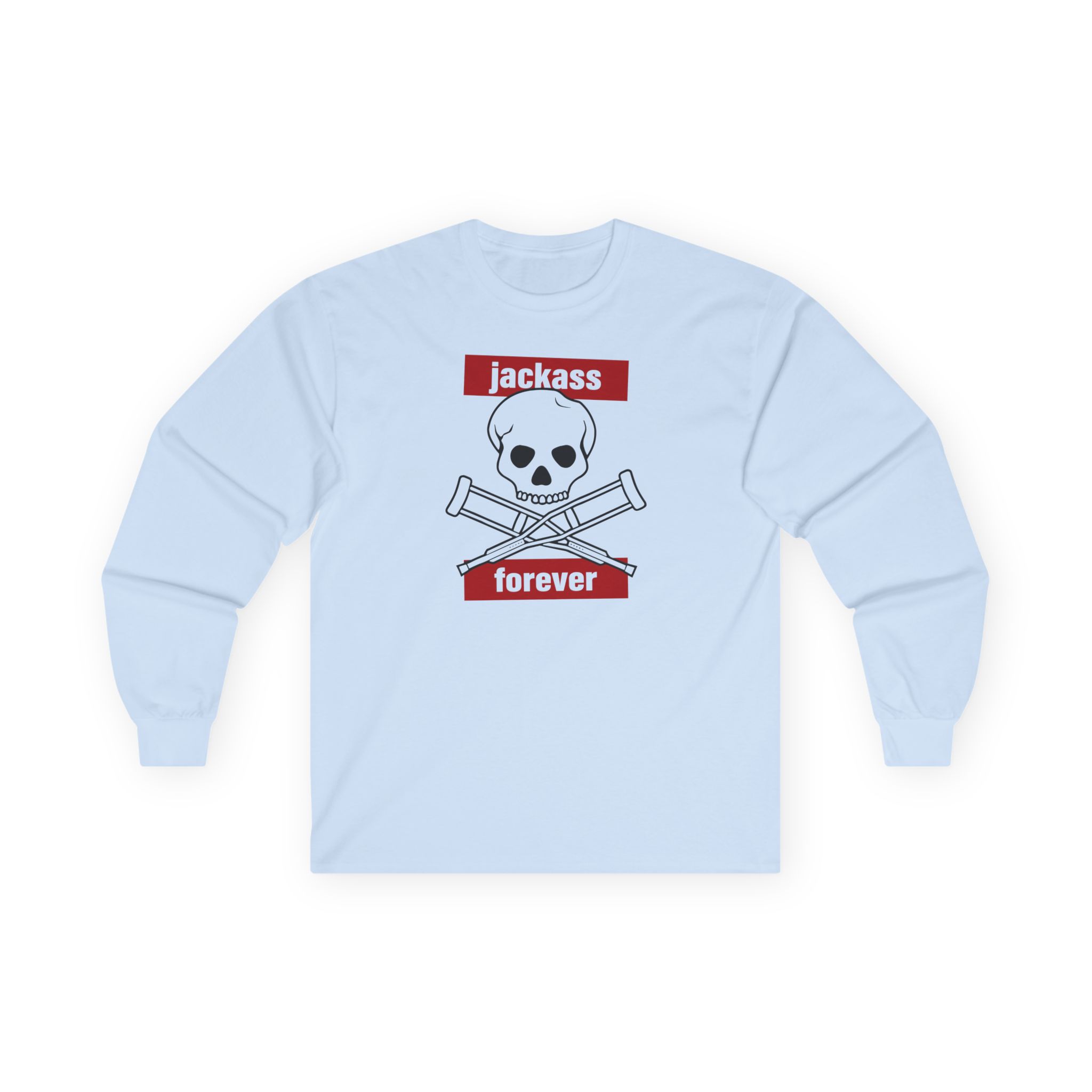 Jackass Forever Red Skull and Crutches Warning Logo Raglan Unisex Ultra Cotton Long Sleeve Tee