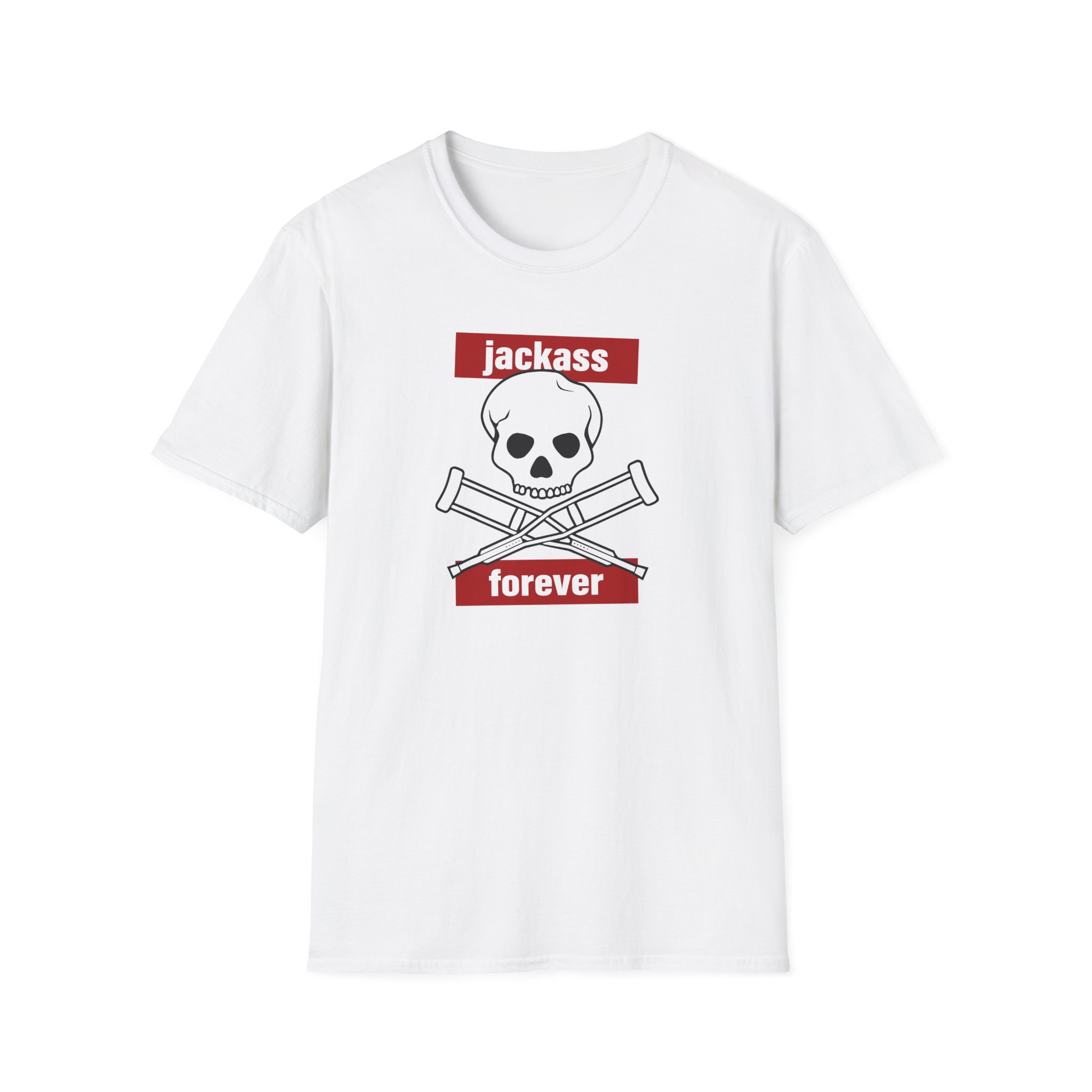 Jackass Forever Red Skull and Crutches Warning Logo Raglan Unisex Softstyle T-Shirt