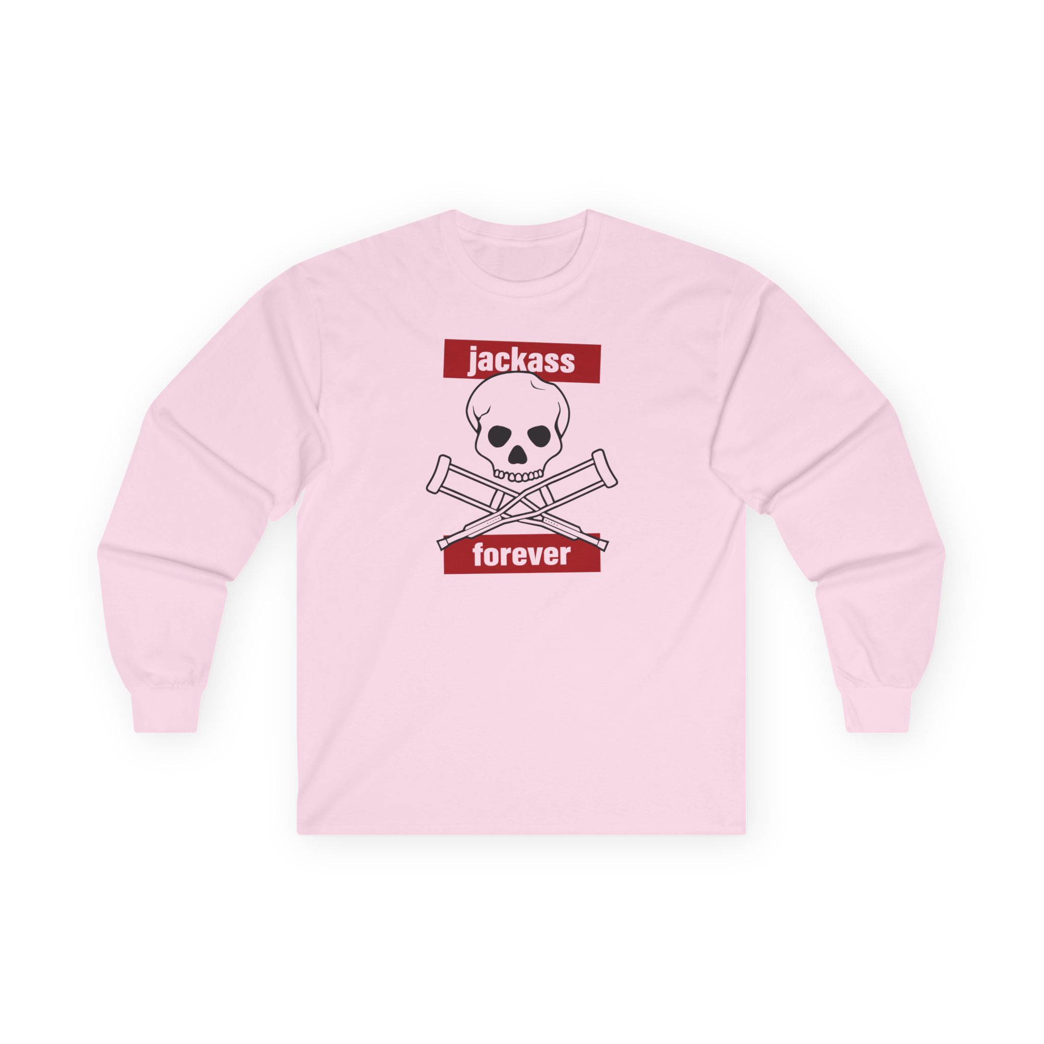 Jackass Forever Red Skull and Crutches Warning Logo Raglan Unisex Ultra Cotton Long Sleeve Tee