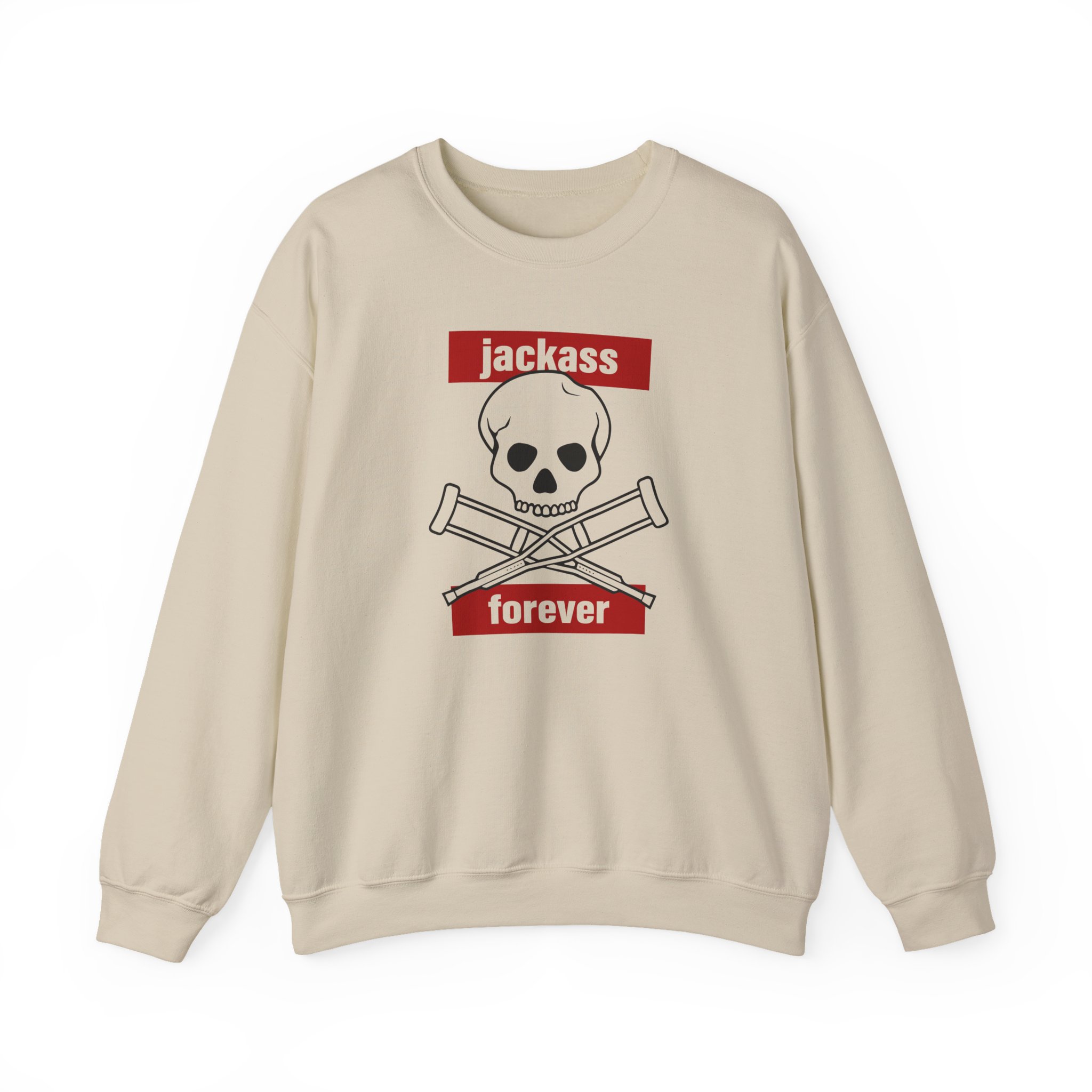 Jackass Forever Red Skull and Crutches Warning Logo Raglan Unisex Heavy Blendâ„¢ Crewneck Sweatshirt