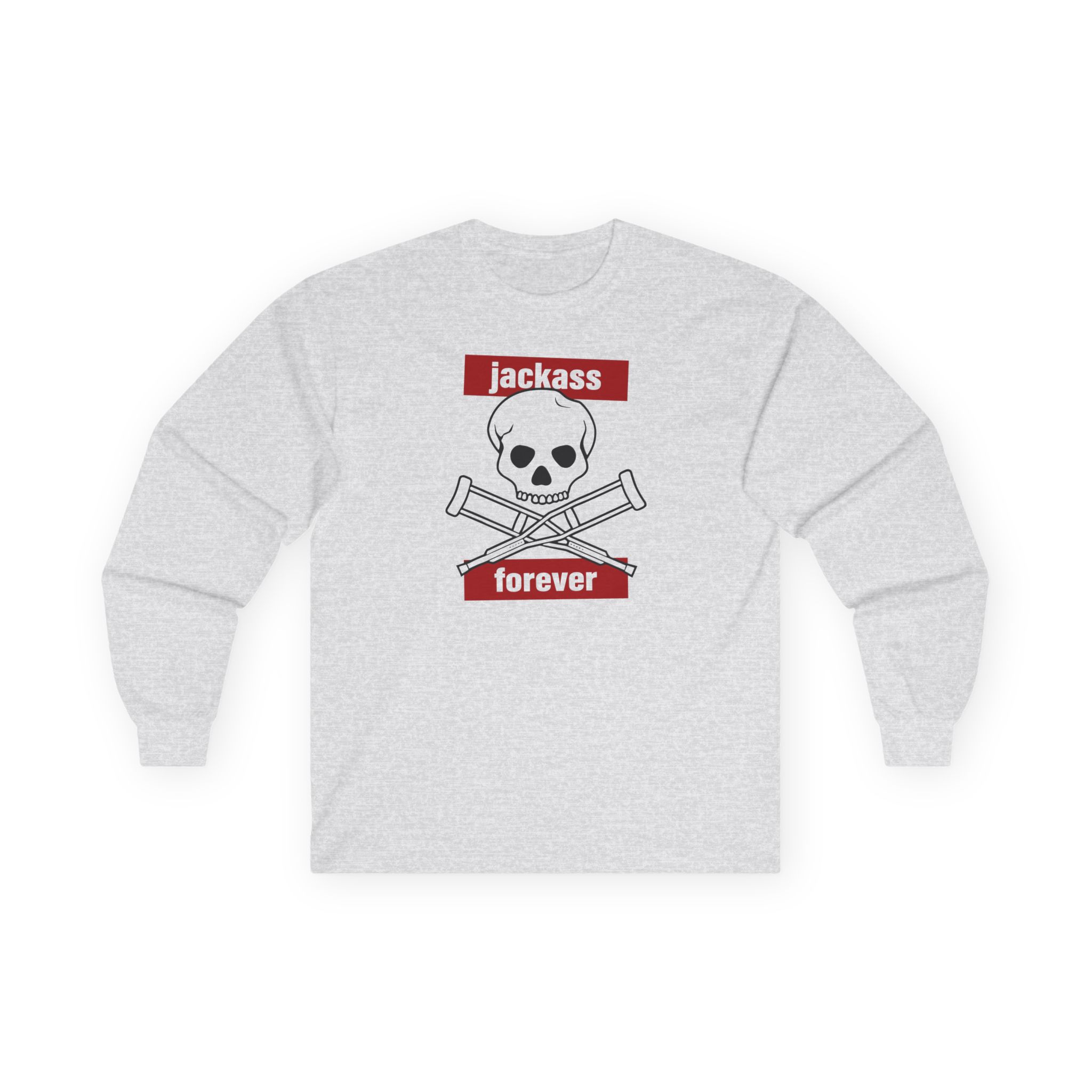 Jackass Forever Red Skull and Crutches Warning Logo Raglan Unisex Ultra Cotton Long Sleeve Tee