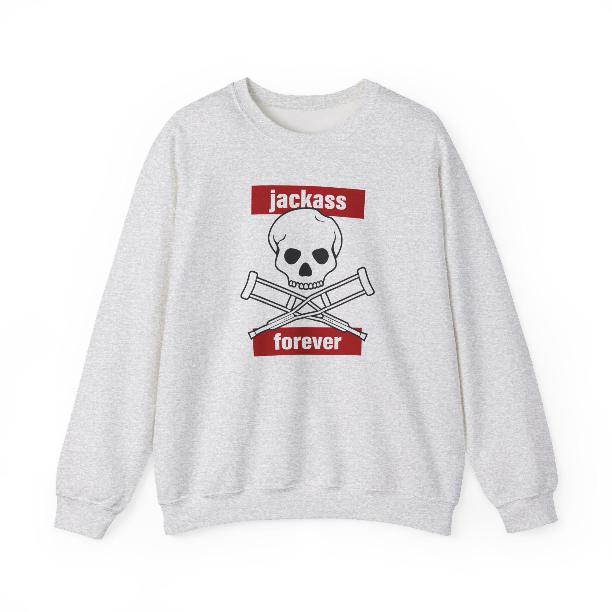 Jackass Forever Red Skull and Crutches Warning Logo Raglan Unisex Heavy Blendâ„¢ Crewneck Sweatshirt
