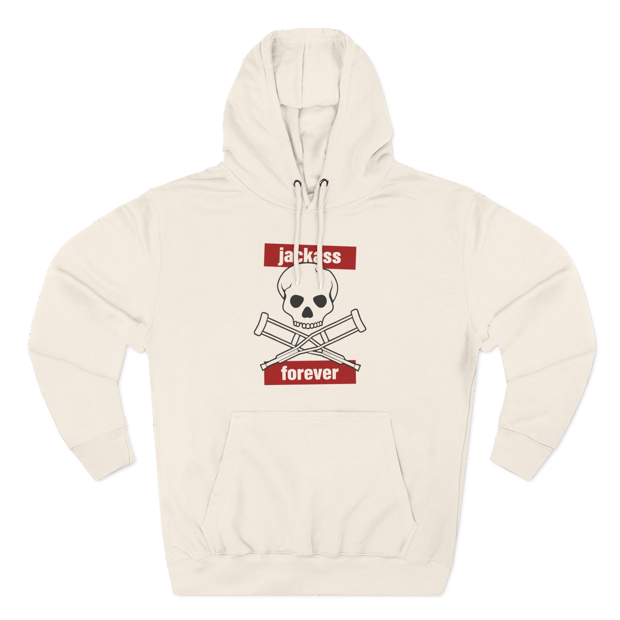 Jackass Forever Red Skull and Crutches Warning Logo Raglan Three-Panel Fleece Hoodie