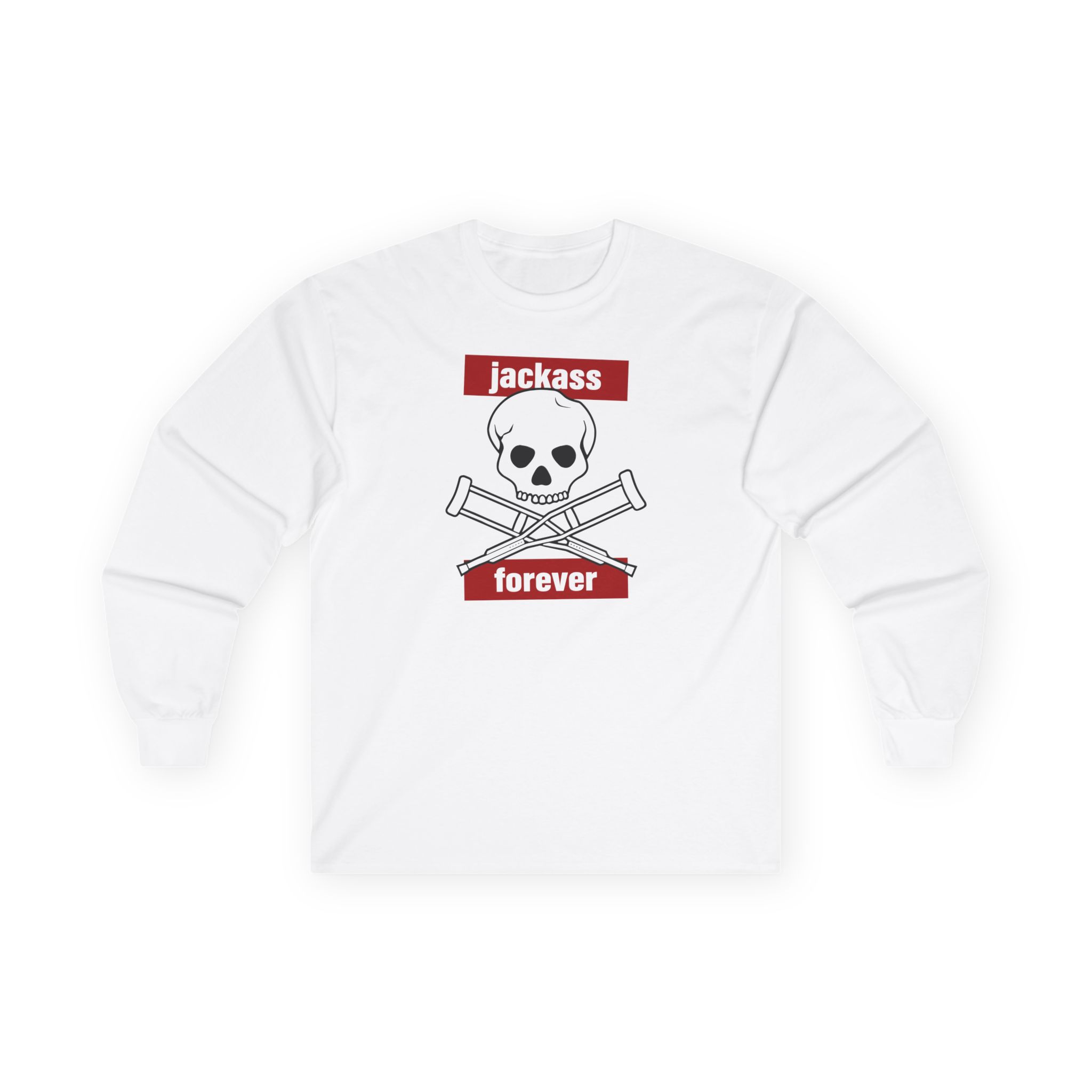 Jackass Forever Red Skull and Crutches Warning Logo Raglan Unisex Ultra Cotton Long Sleeve Tee