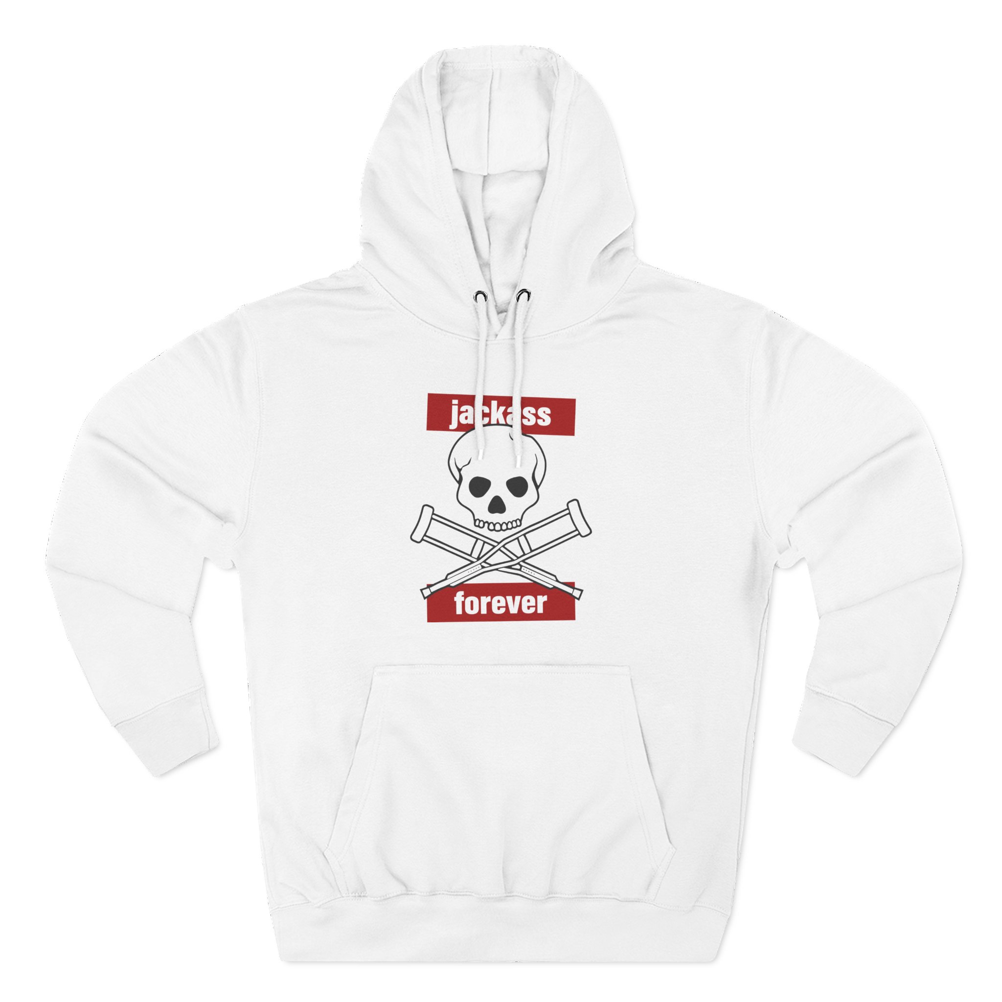 Jackass Forever Red Skull and Crutches Warning Logo Raglan Three-Panel Fleece Hoodie